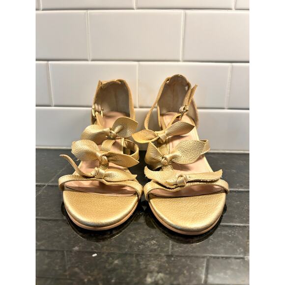 Velez‎ Women's Bow-Detailed Genuine Metallic Leather Sandals Gold Size 37 - Picture 2 of 9